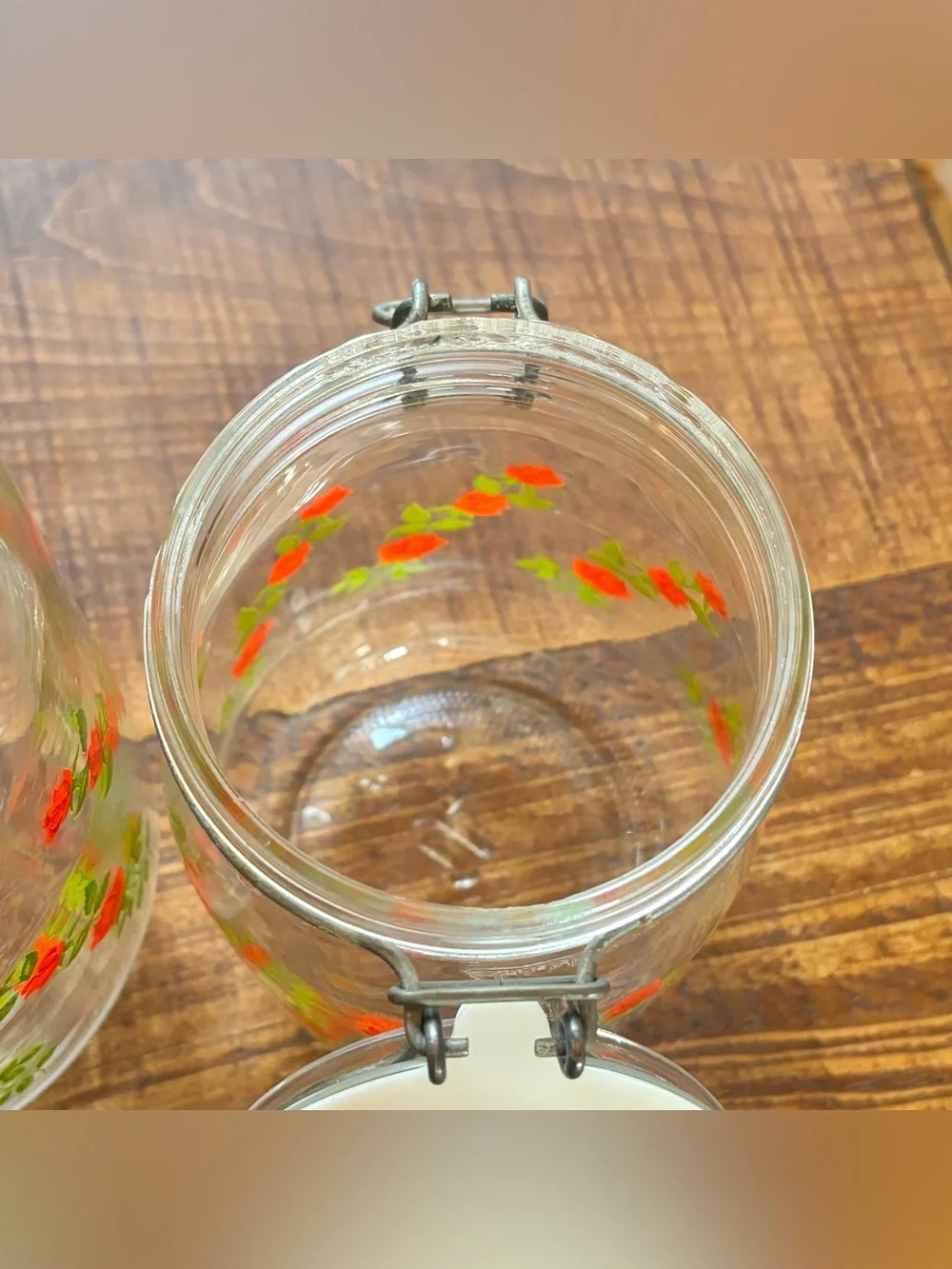 Vintage ARC France Niveau De Remplissage Floral Rose Glass Canister